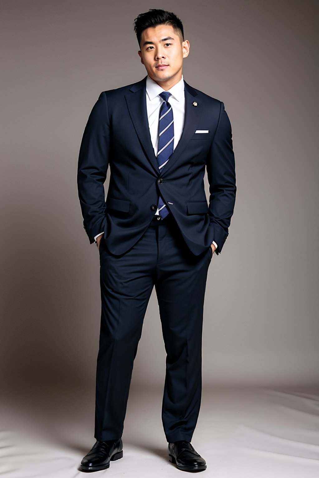 Full body shot, one hsndsome Japanese man in the office. 25-year-old, undercut hair style, 180 cm tall, 
Thick eyebrows, double eyelids, inverted triangle figure, tiny waist, muscular body. 

He wears black suit jacket, white collated shirt, dark blue tie, black suit pants, white socks, and black leather shoes.

Background is an office. 