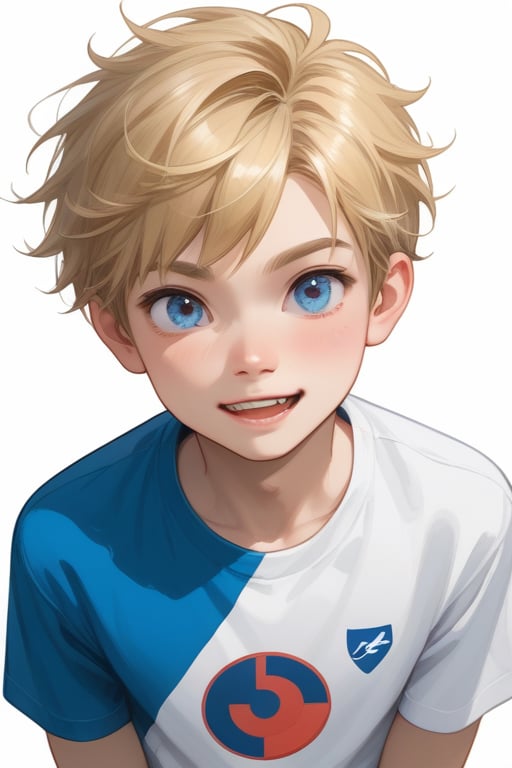 young boy, blonde hair, blue eyes, wearing a graphic shirt
