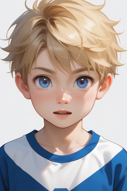 young boy, blonde hair, blue eyes, wearing a graphic shirt
