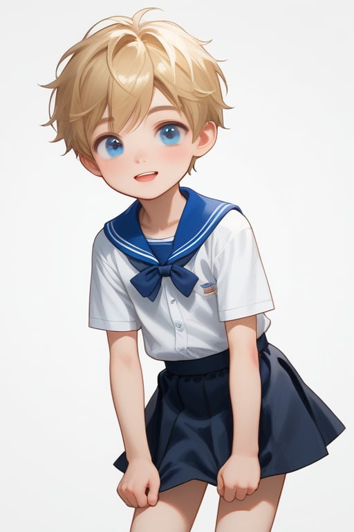 young boy, blonde hair, blue eyes, wearing a skirt
