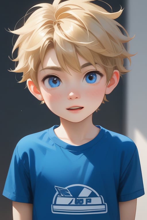 young boy, blonde hair, blue eyes, wearing a graphic shirt
