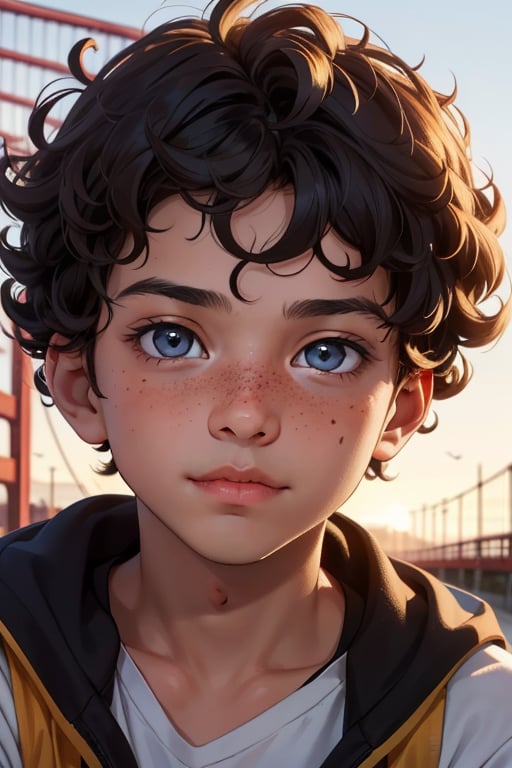 Close-up shot of an 11-year-old boy's face, warm sunlight casting a golden glow on his sun-kissed skin. His bright eyes sparkle with curiosity, surrounded by a scattering of freckles across the bridge of his nose and cheekbones. He relaxes against a soft focus background, his expression open and carefree, capturing a sense of youthful innocence. With curly hair and tanned skin.