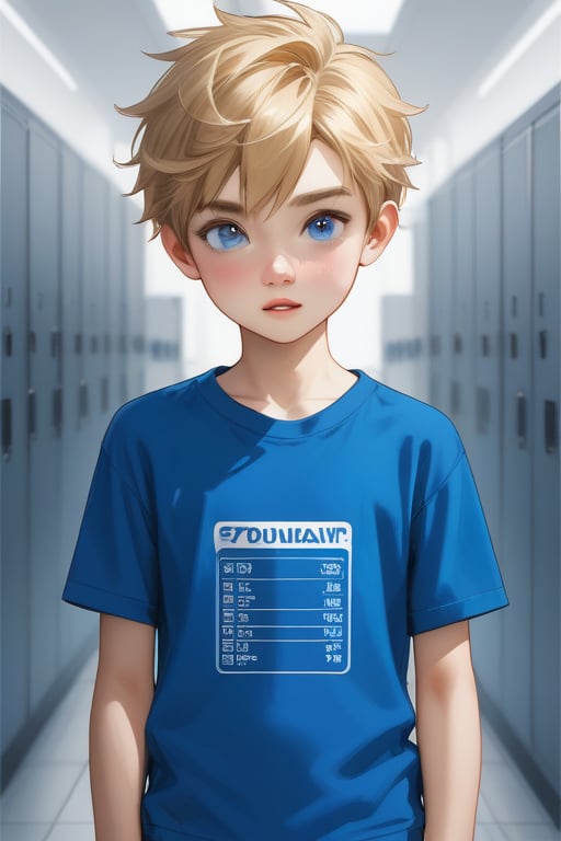 young boy, blonde hair, blue eyes, wearing a graphic shirt
