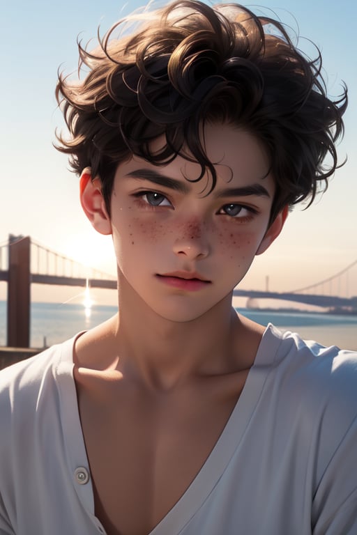 Close-up shot of an 11-year-old boy's face, warm sunlight casting a golden glow on his sun-kissed skin. His bright eyes sparkle with curiosity, surrounded by a scattering of freckles across the bridge of his nose and cheekbones. He relaxes against a soft focus background, his expression open and carefree, capturing a sense of youthful innocence. With curly hair and tanned skin.