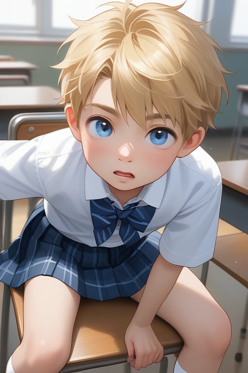 young boy, blonde hair, blue eyes, wearing a school uniform
