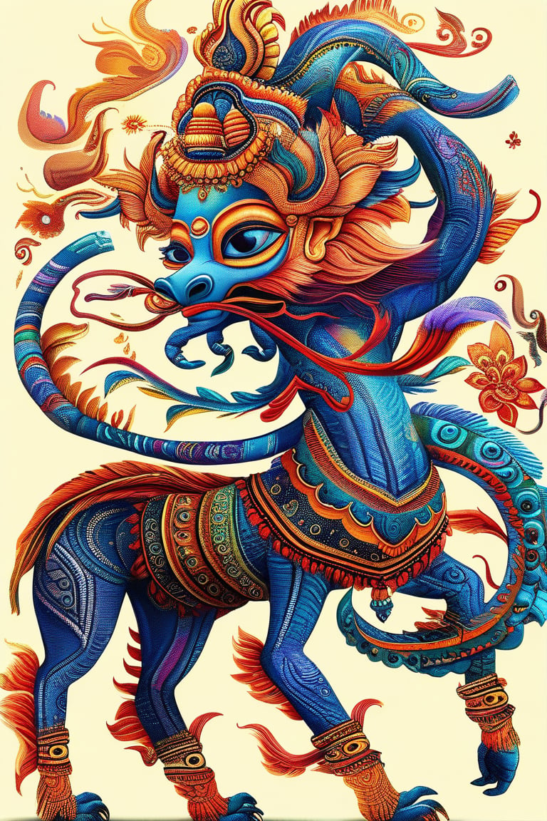 Create a detailed illustration of a mythical creature from Indian mythology. Incorporate elements from traditional art styles, such as intricate patterns and vibrant colors. This creature should blend features from various mythological beings, such as the majestic Garuda, the powerful Naga, and the divine Kirin, showcasing a harmonious fusion of their unique attributes.