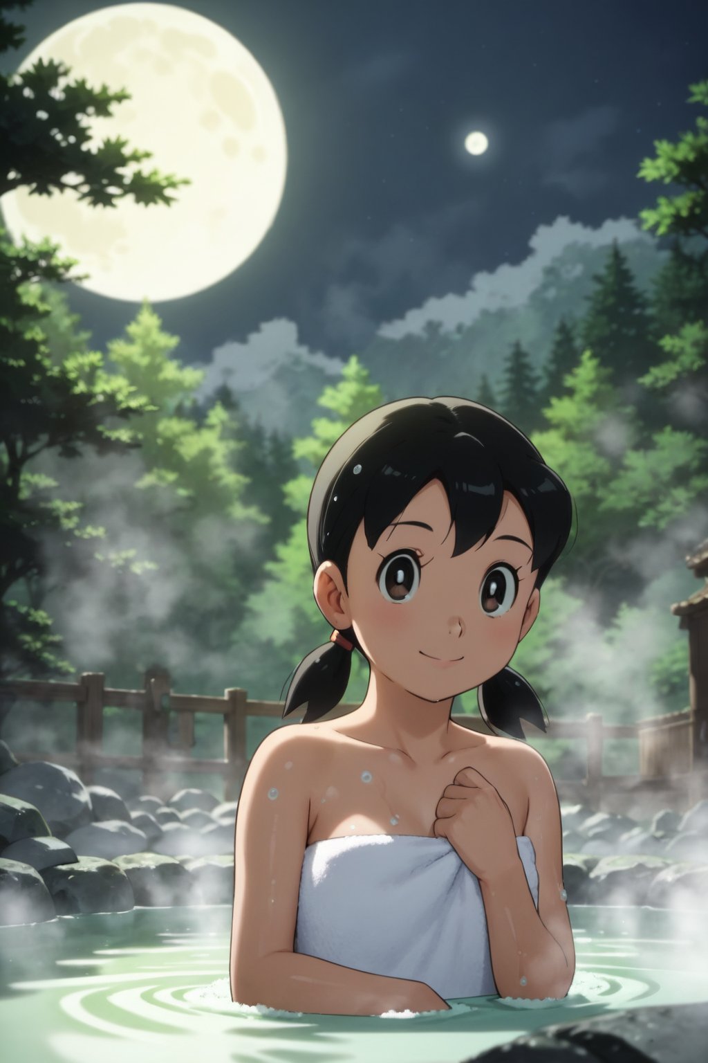 score_9, score_8_up, score_7_up, score_6_up, score_5_up, score_4_up, source_anime, anime coloring, minamoto shizuka, low twintails, (soak:1.5), hot spa, fantasy, (nature:1.3), (moon:1.5), rock, fog, 1girl, solo, smile, towel, flat illustration, close-up, masterpiece, best-quality, highest-definition, ultra-detailed, high-resolution, intricate, cinematic lighting