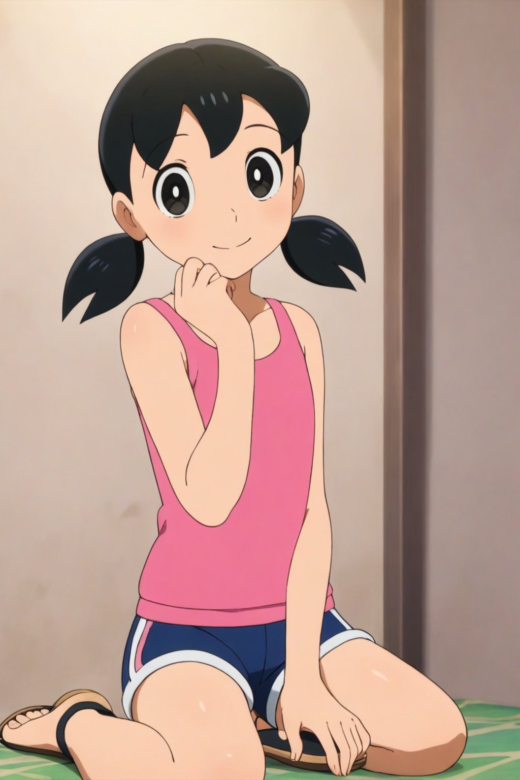 (masterpiece, top quality), high definition, artistic composition, (1girl, solo, minamoto shizuka, 10yo, black hair,black eyes, twintails,pink tank top, navy blue shorts, sandals, sitting, looking at viewer,happy)