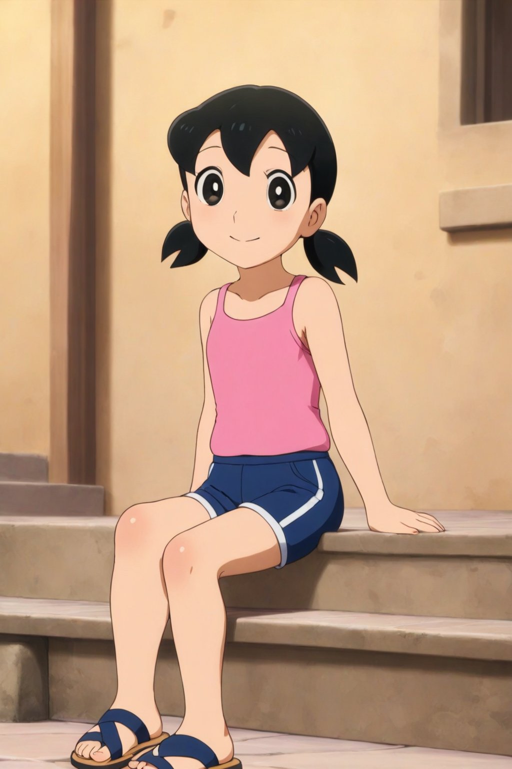 (masterpiece, top quality), high definition, artistic composition, (1girl, solo, minamoto shizuka, 10yo, black hair,black eyes, twintails,pink tank top, navy blue shorts, sandals, sitting, looking at viewer,happy)