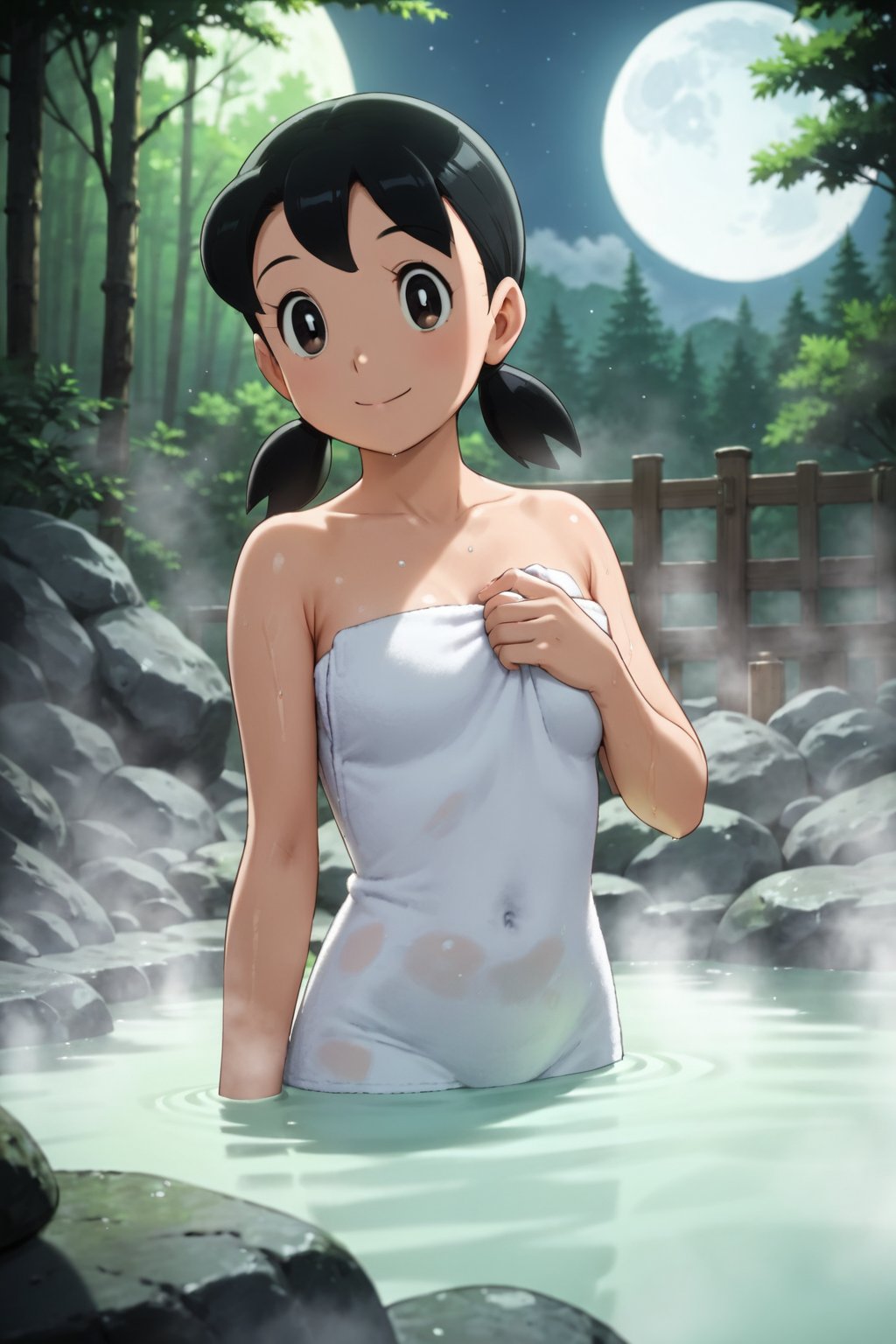 score_9, score_8_up, score_7_up, score_6_up, score_5_up, score_4_up, source_anime, anime coloring, minamoto shizuka, low twintails, (soak:1.5), hot spa, fantasy, (nature:1.3), (moon:1.5), rock, fog, 1girl, solo, smile, towel, flat illustration, close-up, masterpiece, best-quality, highest-definition, ultra-detailed, high-resolution, intricate, cinematic lighting