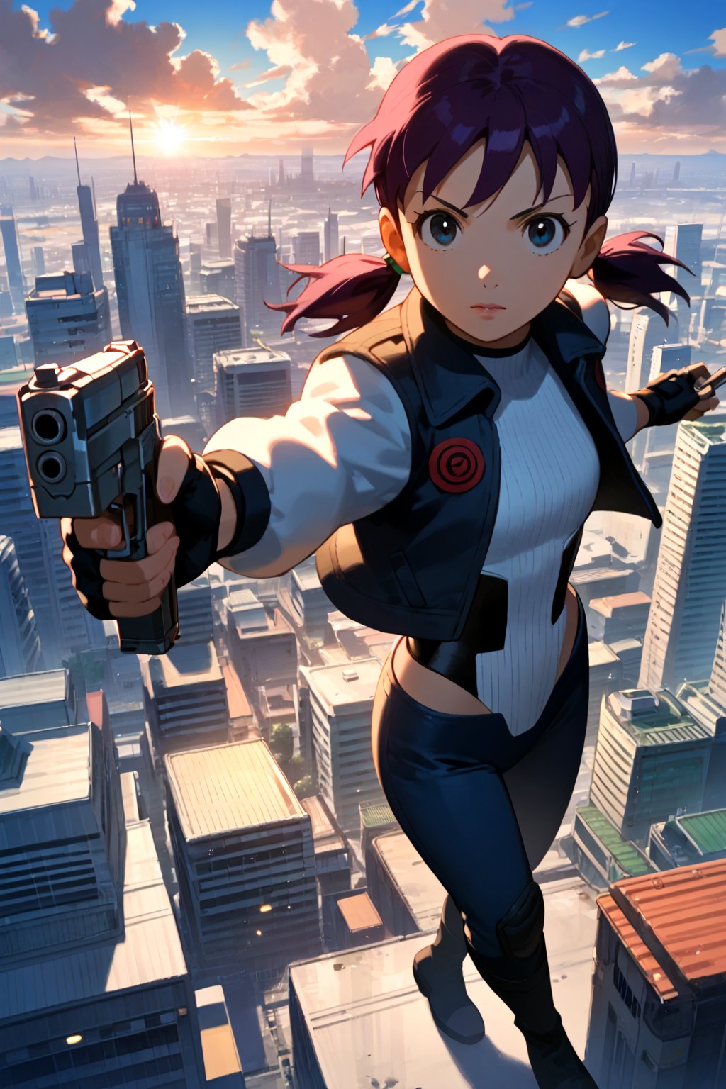 score_9, score_8_up, score_7_up, score_6_up, score_5_up, score_4_up, source_anime, anime coloring, minamoto shizuka, 1girl, low twintails, solo, weapon, gun, short hair, gloves, fingerless gloves, jacket, handgun, aiming, pants, boots, purple hair, holding, holding weapon, white background, full body, holding gun, lips, aiming at viewer, looking at viewer, leotard, scenery, city, sky, building, outdoors, cityscape, skyscraper, science fiction, no humans, blue sky, cloud, day,