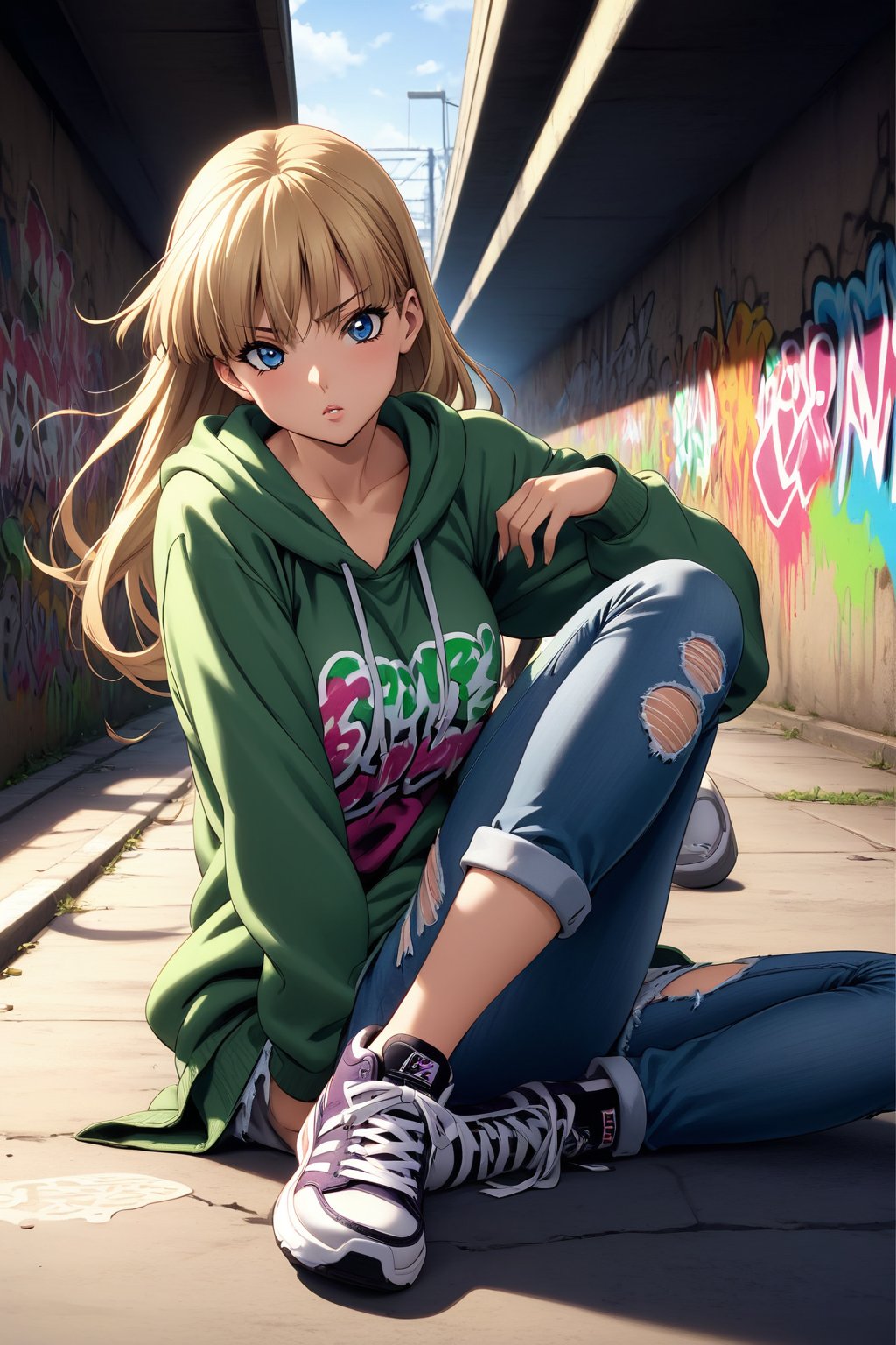 high detailed,very aesthetic, kanzaki asuka, 1girl, blonde hair, blue eyes, detailed gorgeous eyes, perfect face, detailed face, street-style girl, sitting, confident pose, under bridge, graffiti art, urban setting, hoodie, ripped jeans, sneakers, vibrant colors, expressive graffiti, shadows, natural lighting, BREAK, relaxed expression, hands in pockets, cool demeanor, wind-blown hair, cinematic, dusk, from_below,