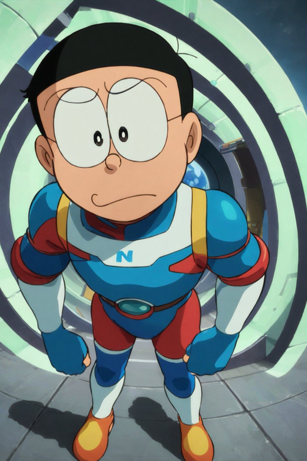 nobi nobita, glasses, 1boy, futuristic male warrior, armored outfit standing confidently, pensive, fit, Perspective, in space ship, front view, masterpiece, hyper realistic,
