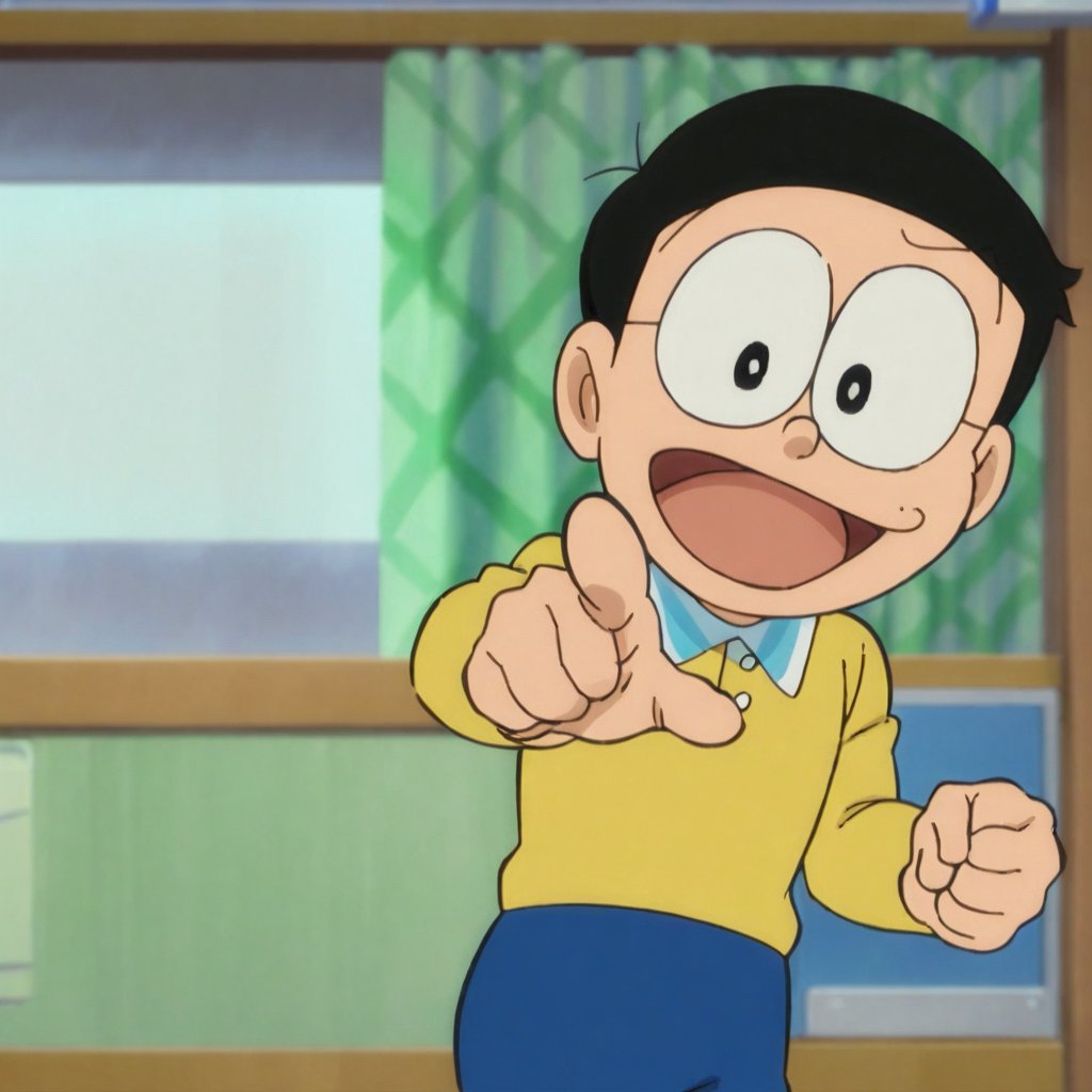 score_9, score_8_up, score_7_up, score_6_up, score_5_up, score_4_up, source_anime, nobi nobita, 1boy, male focus, solo, yellow shirt, blue pants, pointing, black hair, pointing at viewer, open mouth, smile, classroom, black eyes, indoors, looking at viewer, masterpiece, best quality,
