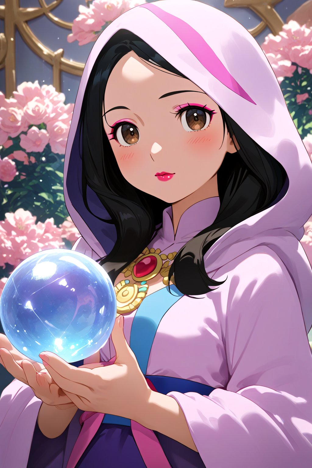 score_9, score_8_up, score_7_up, source_anime, masterpiece, best quality, 32K Ultra HD anime, ultra high resolution, minamoto shizuka, black hair, 1girl, solo, holding crystal ball, makeup, orb, blush, hood, lipstick, brown eyes, eyeshadow, jewelry, looking at viewer, fortune teller,