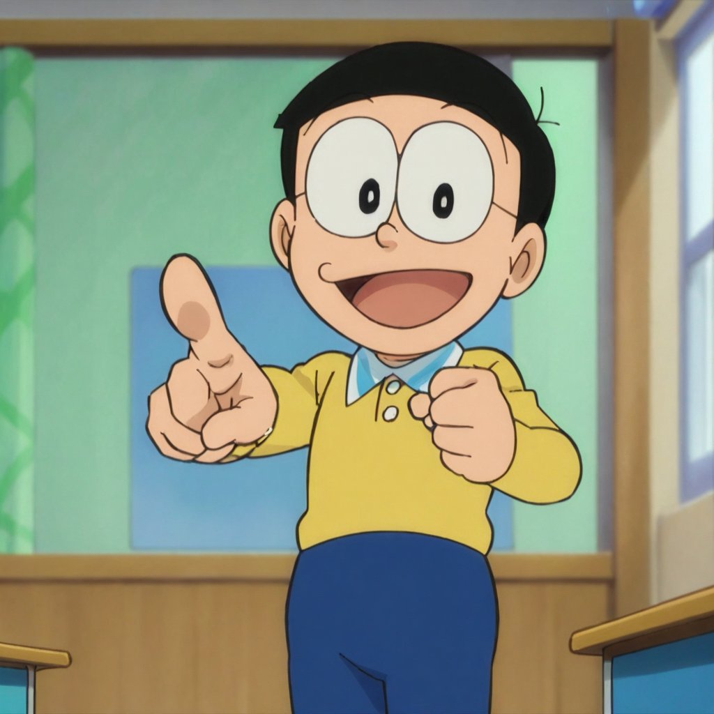 score_9, score_8_up, score_7_up, score_6_up, score_5_up, score_4_up, source_anime, nobi nobita, 1boy, male focus, solo, yellow shirt, blue pants, pointing, black hair, pointing at viewer, open mouth, smile, classroom, black eyes, indoors, looking at viewer, masterpiece, best quality,
