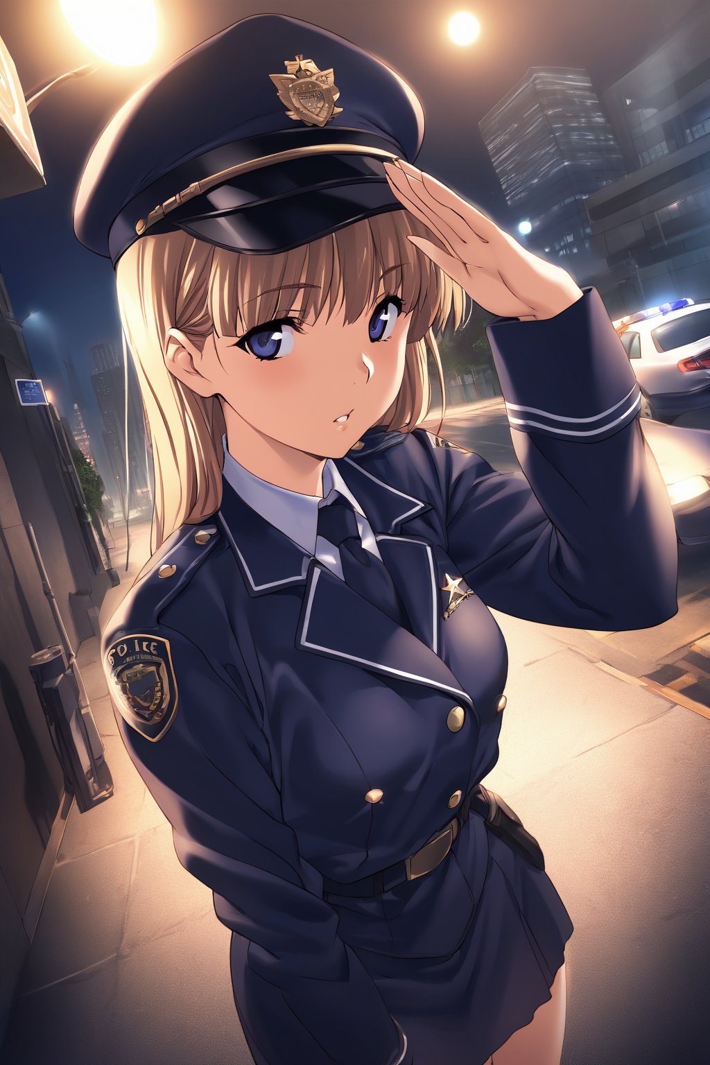 high detailed,very aesthetic, kanzaki asuka, 1girl, blonde hair, blue eyes,  A police officer, standing under a dim streetlight, modern skyscrapers background, wearing dark blue uniform, take a selfies, police cap, salute, a shadowy corner, light rain falls, mysterious atmosphere, police car, flashing lights, mist, Cinematic, dramatic lighting, high contrast, wide angle,