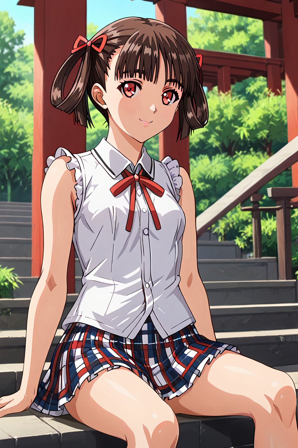 soratani natsuki, hair rings, short hair, twintails,1girl,  solo, (Best quality, 8k, 32k, Masterpiece, UHD:1.2),stunning, 1girl,double eyelid, slender legs, soft curves, sleeveless shirt, checkered skirt, sitting on stairs on shrine, fashion model posing, summer, unforgettable beauty, look at viewer, sexy smile, closed to up, lifelike rendering, detailed facial features, detailed real skin texture, detailed details,