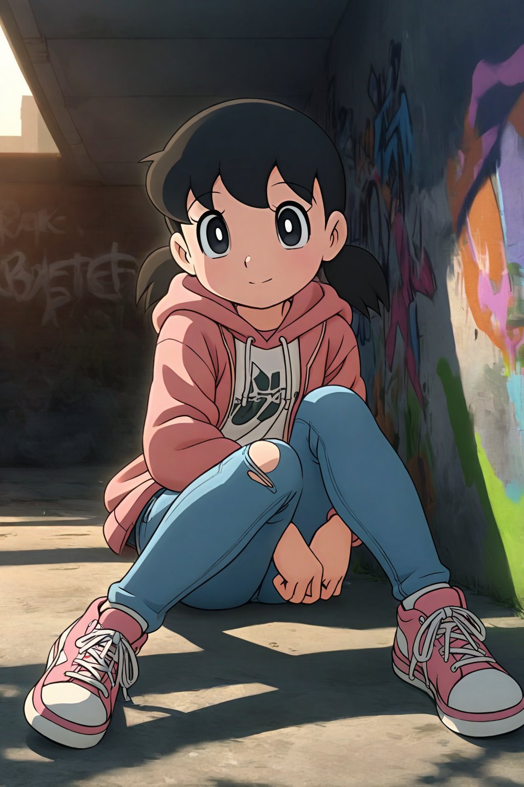 high detailed,very aesthetic, minamoto shizuka, 1girl, black hair, black eyes, detailed gorgeous eyes, perfect face, detailed face, street-style girl, sitting, confident pose, under bridge, graffiti art, urban setting, hoodie, ripped jeans, sneakers, vibrant colors, expressive graffiti, shadows, natural lighting, BREAK, relaxed expression, hands in pockets, cool demeanor, wind-blown hair, cinematic, dusk, from_below,