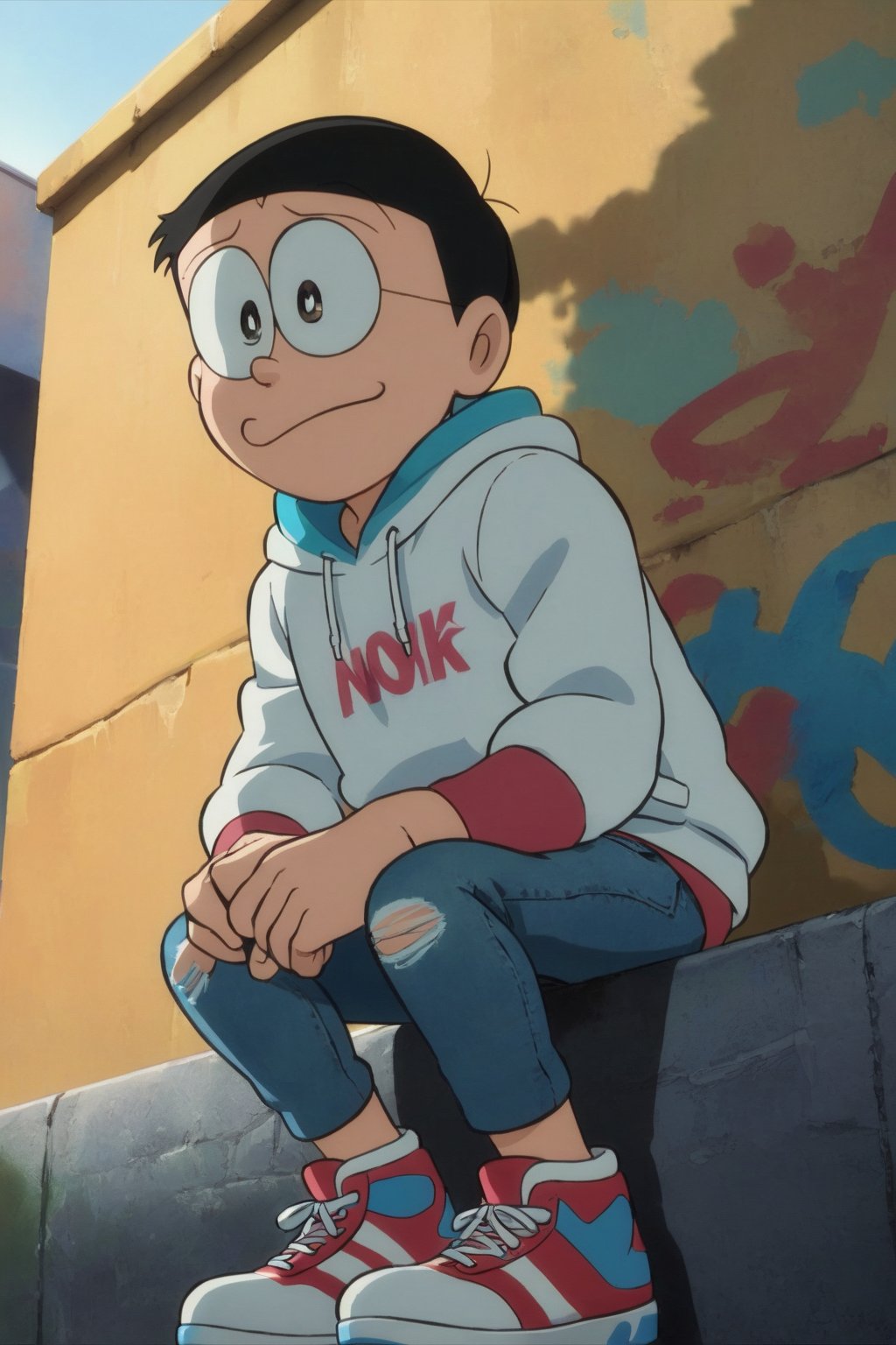 high detailed,very aestheticnobi nobita, 1boy, glasses, detailed gorgeous eyes, perfect face, detailed face, street-style boy, sitting, confident pose, under bridge, graffiti art, urban setting, hoodie, ripped jeans, sneakers, vibrant colors, expressive graffiti, shadows, natural lighting, BREAK, relaxed expression, hands in pockets, cool demeanor, wind-blown hair, cinematic, dusk, from_below,