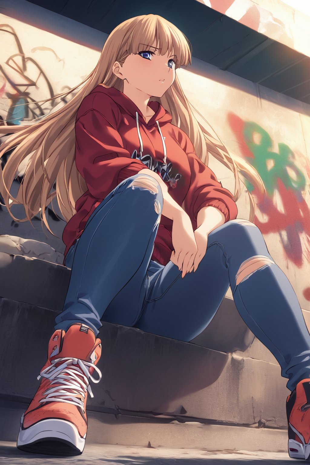 high detailed,very aesthetic, kanzaki asuka, 1girl, blonde hair, blue eyes, detailed gorgeous eyes, perfect face, detailed face, street-style girl, sitting, confident pose, under bridge, graffiti art, urban setting, hoodie, ripped jeans, sneakers, vibrant colors, expressive graffiti, shadows, natural lighting, BREAK, relaxed expression, hands in pockets, cool demeanor, wind-blown hair, cinematic, dusk, from_below,