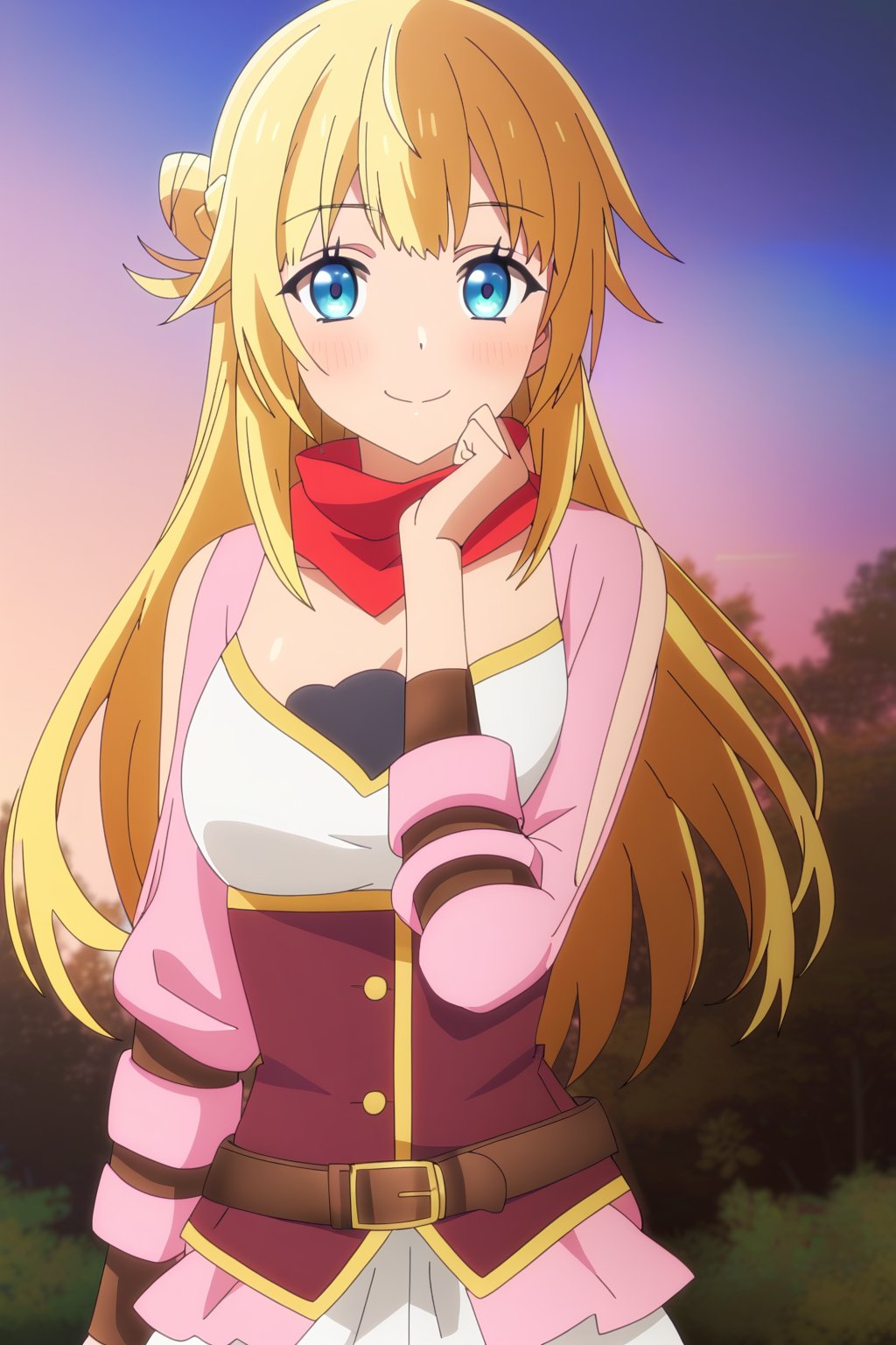 score_9, score_8_up, score_7_up, score_6_up, score_5_up, score_4_up, source_anime,ritto, single hair bun, 1girl, blonde hair, solo, blue eyes, long hair, smile, looking at viewer, hair bun, blush, closed mouth, red scarf, portrait, sky, cowboy shot, outdoor, belt, masterpiece, perfect face, best quality, beautiful girl, cute girl, beautiful eyes, shiny eyes, anime coloring, anime screencap, absurdres, award winning, 