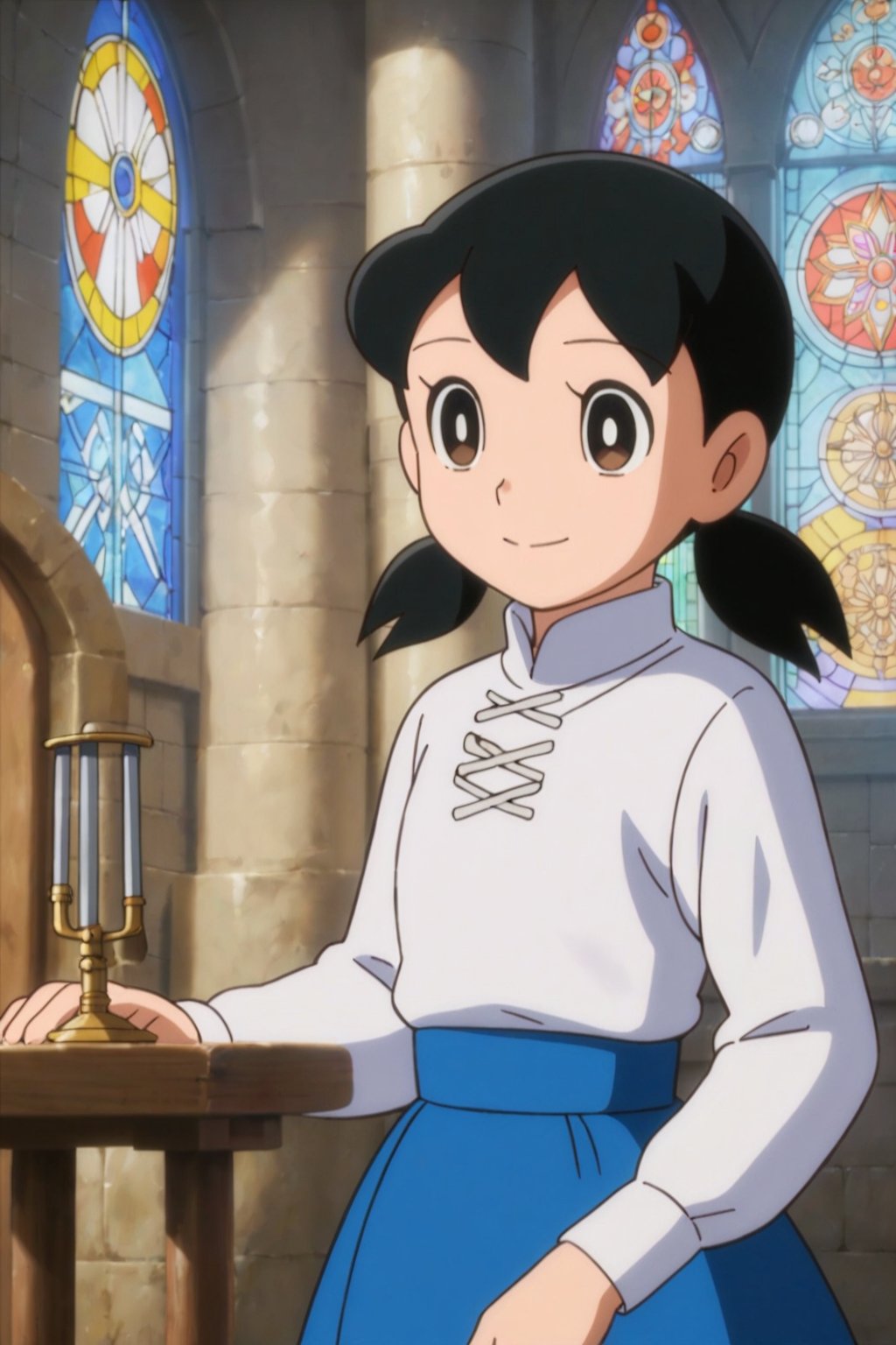 score_9, score_8_up, score_7_up, score_6_up, score_5_up, score_4_up, source_anime,minamoto shizuka, low twintails,1girl, solo,A young princess with short black hair and gentle eyes, wearing a medieval dress, standing before an imposing iron throne in a grand castle hall, stained glass windows, epic fantasy style, smile,