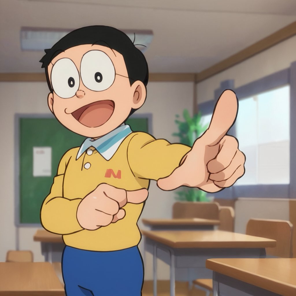 score_9, score_8_up, score_7_up, score_6_up, score_5_up, score_4_up, source_anime, nobi nobita, 1boy, male focus, solo, yellow shirt, blue pants, pointing, black hair, pointing at viewer, open mouth, smile, classroom, black eyes, indoors, looking at viewer, masterpiece, best quality,
