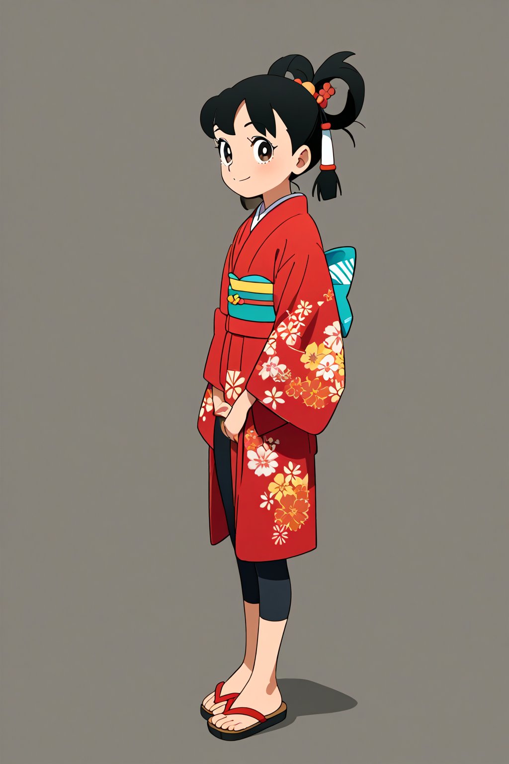 score_9, score_8_up, score_7_up, source_anime, masterpiece, best quality, 32K Ultra HD anime, ultra high resolution, minamoto shizuka, black hair, 1girl, solo, japanese clothes, full body, red kimono, hair rings, kimono, smile, simple background, closed mouth, black hair, standing,looking at viewer, shorts, sandals, bike shorts, long sleeves, hair tubes, black shorts