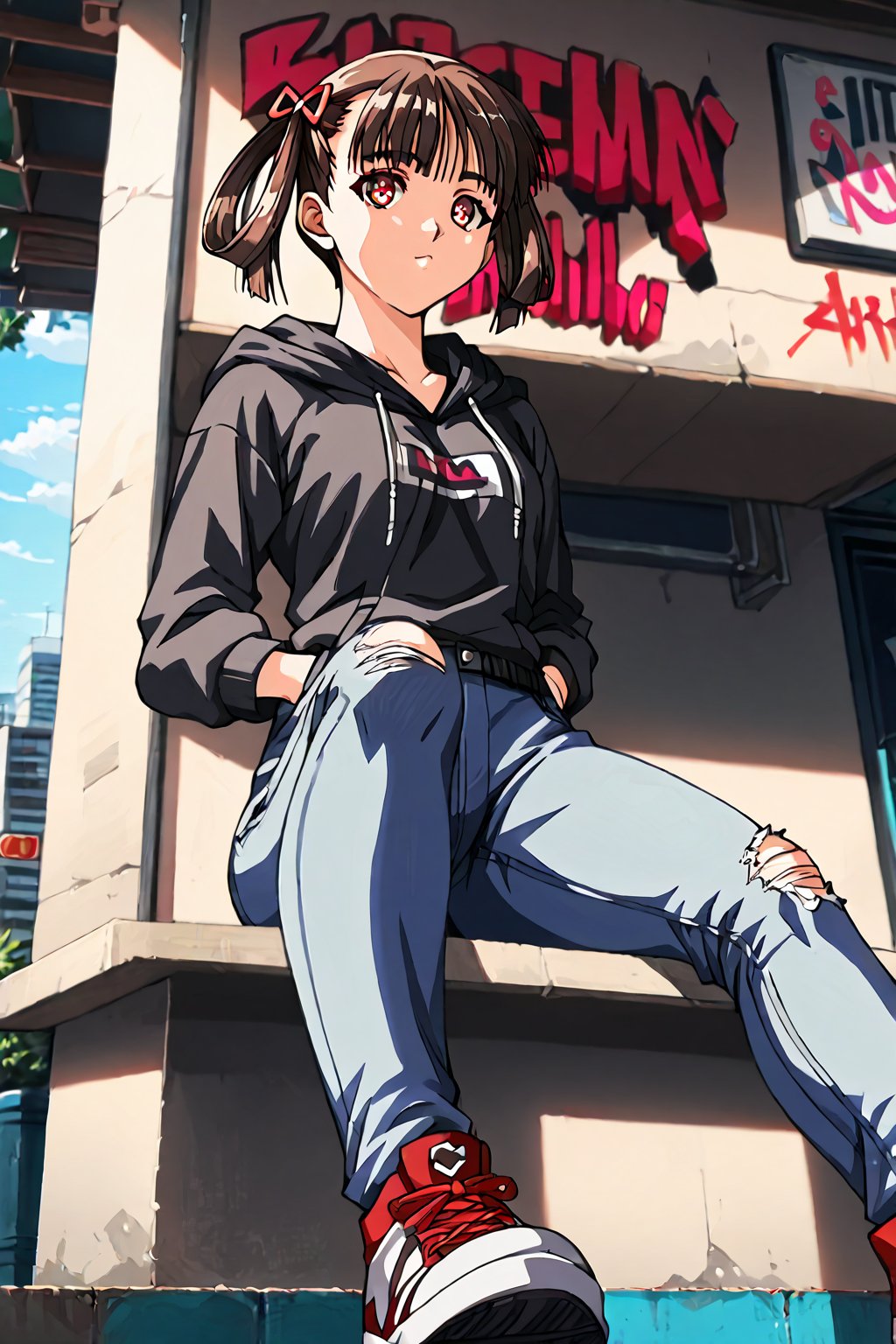 score_9, score_8_up, score_7_up, score_6_up, score_5_up, score_4_up, source_anime, high detailed,very aesthetic, soratani natsuki, hair rings, short hair, twintails,detailed gorgeous eyes, perfect face, detailed face, street-style girl, sitting, confident pose, under bridge, graffiti art, urban setting, hoodie, ripped jeans, sneakers, vibrant colors, expressive graffiti, shadows, natural lighting, BREAK, relaxed expression, hands in pockets, cool demeanor, wind-blown hair, cinematic, dusk, from_below,