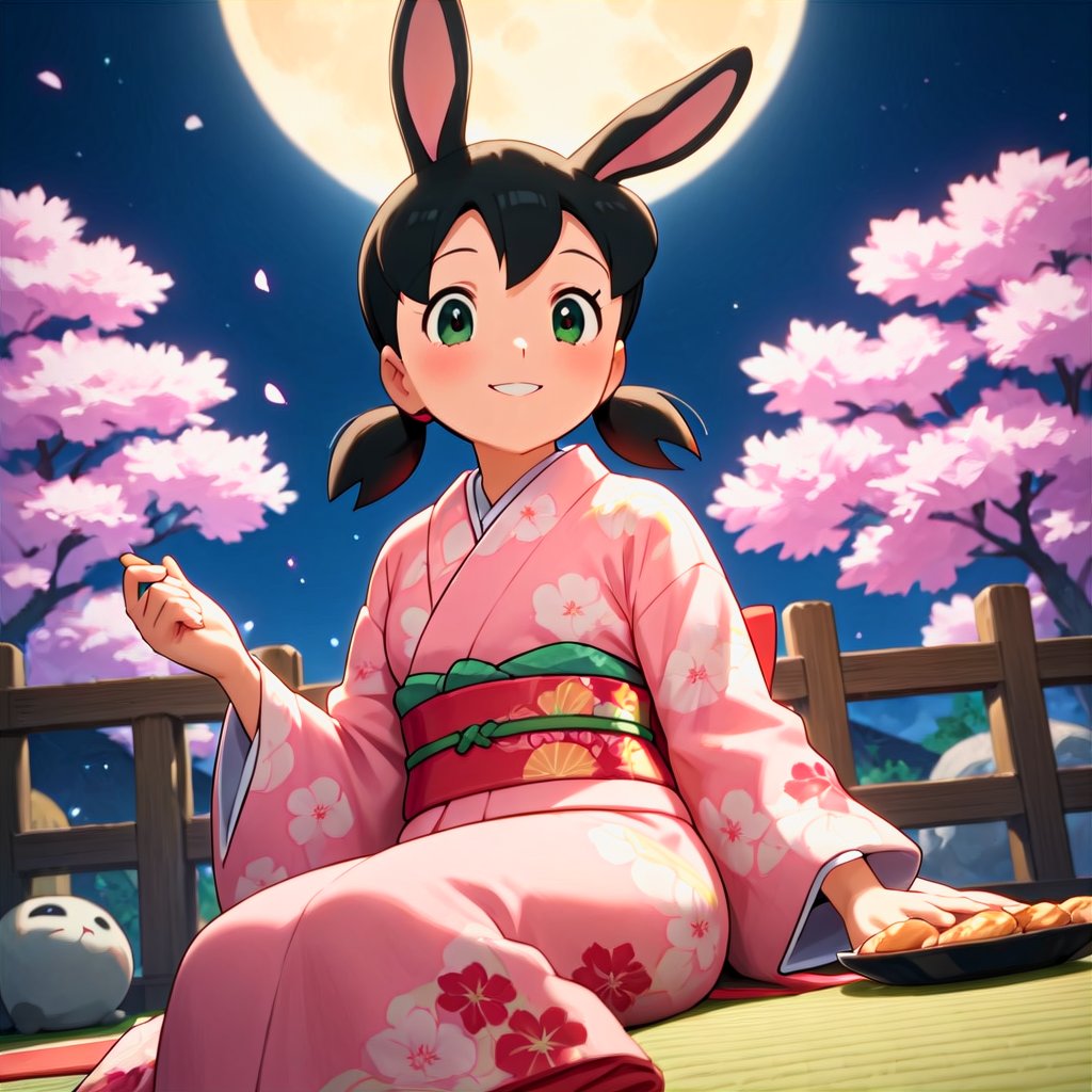 score_9, score_8_up, score_7_up, score_6_up, score_5_up, score_4_up, source_anime, anime coloring, minamoto shizuka, low twintails, 1girl, japanese clothes, solo, long hair, green eyes, moon, kimono, full moon, smile, wagashi, food, sitting, layered clothes, pink kimono, floral print, animal ears, seiza, blush, rabbit ears, night, wide sleeves, layered kimono, mochi,score_9, score_8_up, score_7_up, score_6_up, score_5_up, score_4_up, source_anime