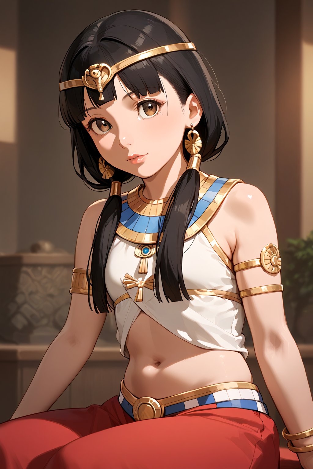 score_9, score_8_up, score_7_up, source_anime, masterpiece, best quality, 32K Ultra HD anime, ultra high resolution, minamoto shizuka, black hair, low twintails, 1girl, solo, jewelry, black hair, long hair, earrings, sitting, midriff, bracelet, realistic, egyptian clothes, armlet, lips, circlet,