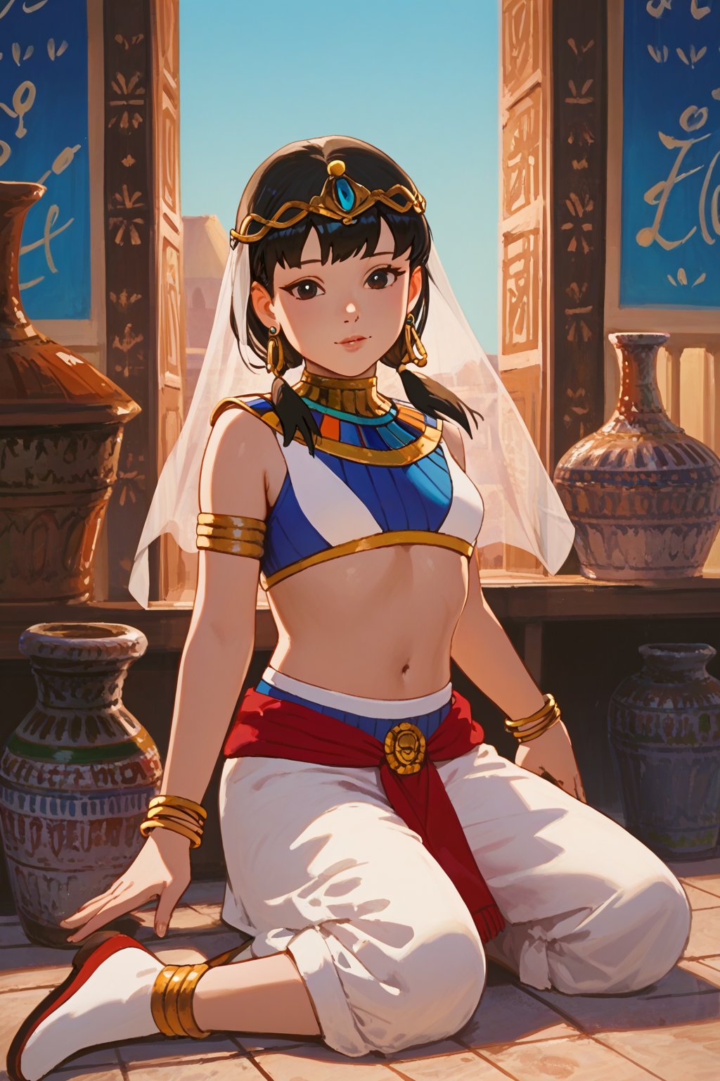 score_9, score_8_up, score_7_up, source_anime, masterpiece, best quality, 32K Ultra HD anime, ultra high resolution, minamoto shizuka, black hair, low twintails, 1girl, solo, jewelry, black hair, long hair, earrings, sitting, midriff, bracelet, realistic, egyptian clothes, armlet, lips, circlet,