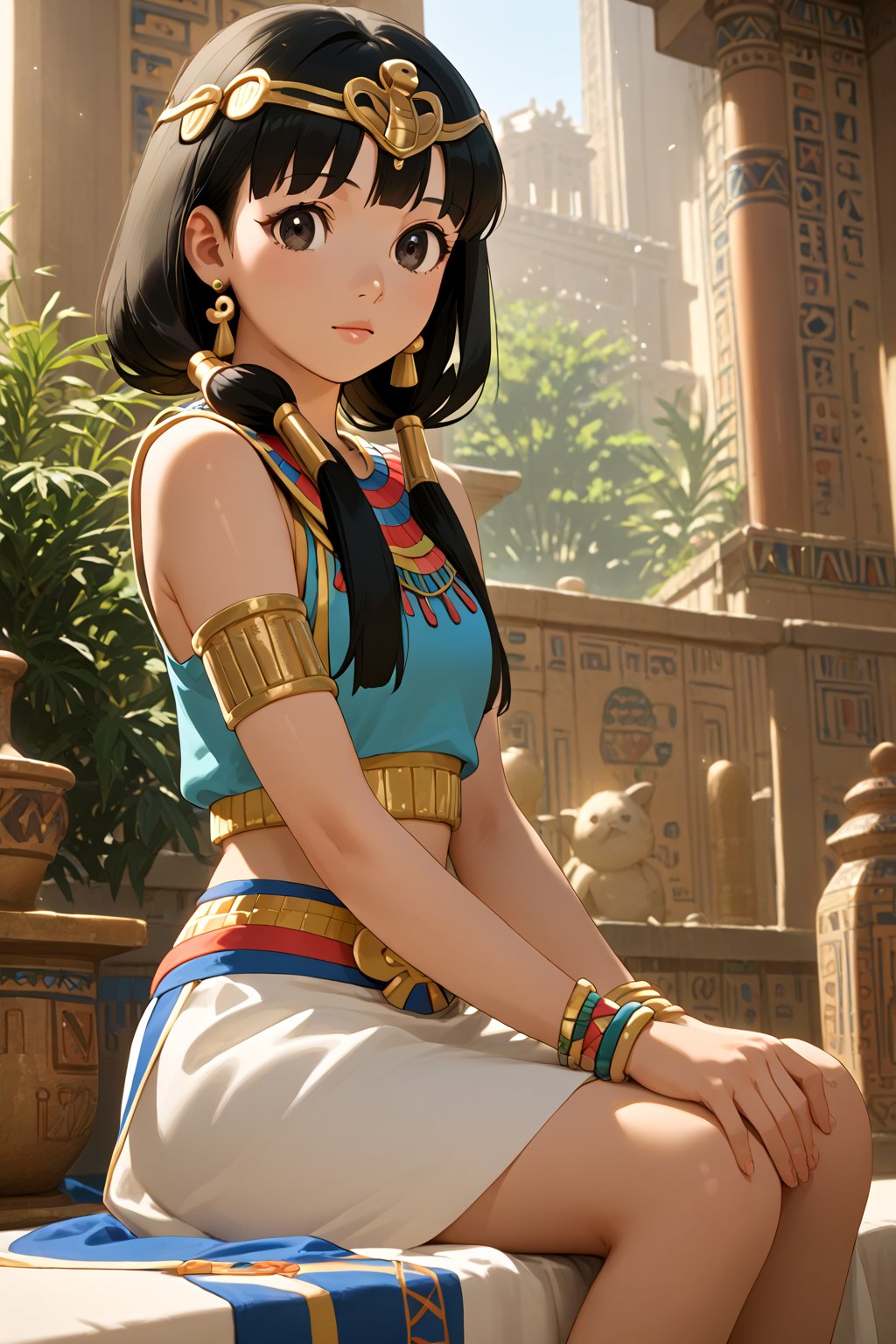 score_9, score_8_up, score_7_up, source_anime, masterpiece, best quality, 32K Ultra HD anime, ultra high resolution, minamoto shizuka, black hair, low twintails, 1girl, solo, jewelry, black hair, long hair, earrings, sitting, midriff, bracelet, realistic, egyptian clothes, armlet, lips, circlet,