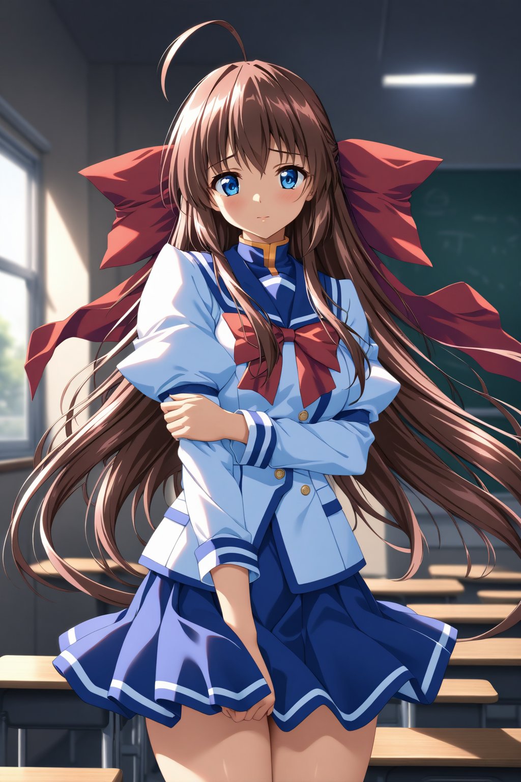 masterpiece, very detailed facial features, incredibly detailed, mood lighting, cinematic lighting, volumetric lighting, masterpiece, best quality, abdurdres, cowboy shot, kanzaki aoi, white school uniform, classroom, long hair, blue eyes, hair ribbon, blue skirt, red ribbon, ahoge,