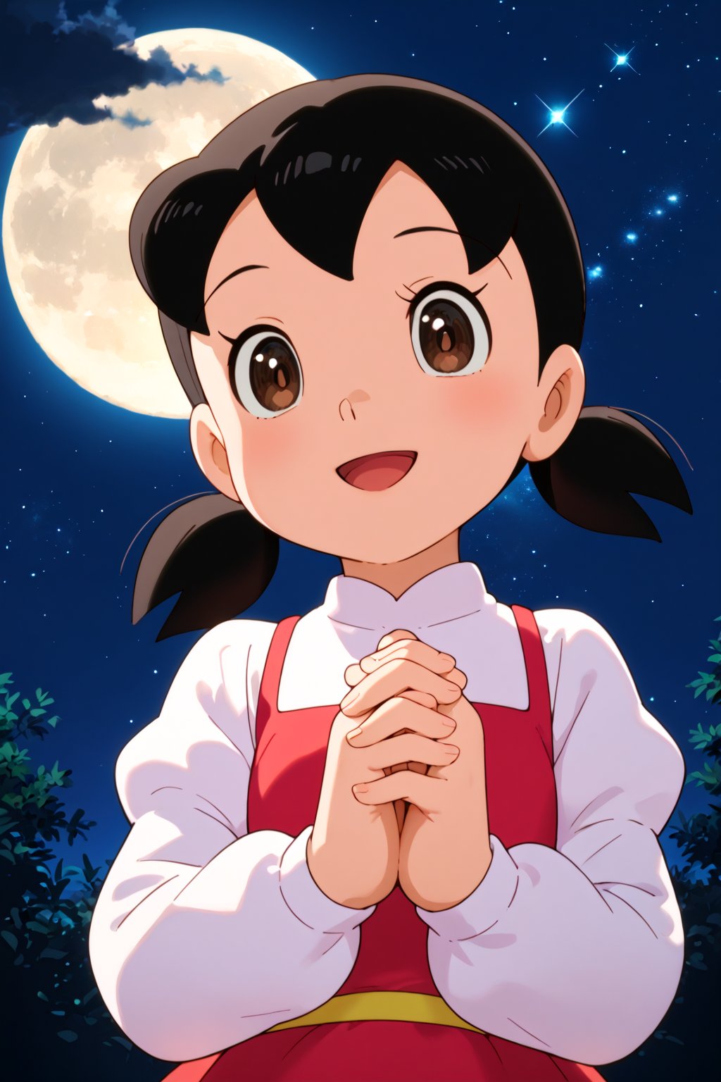 score_9, score_8_up, score_7_up, score_6_up, score_5_up, score_4_up, source_anime, anime coloring, minamoto shizuka, 1girl, solo, twintails, smile, own hands together, open mouth, black hair, :d, brown eyes, short sleeves, own hands clasped, upper body, looking at viewer, short twintails, dress, puffy sleeves, romantic mood,Starry night sky, moon,