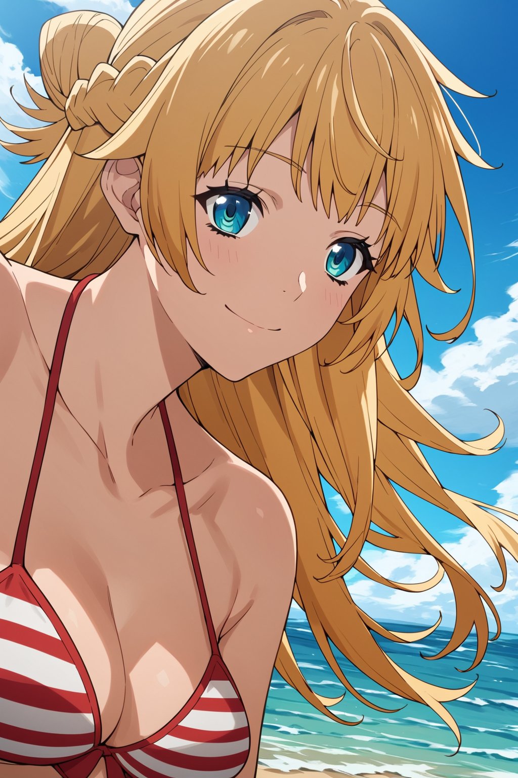 score_9, score_8_up, score_7_up, score_6_up, score_5_up, score_4_up, source_anime, ritto, single hair bun, anime coloring,waves, beach, blue sky, (clouds:0.8), solo, smile, red bikini, striped bikini, flat illustration, close-up, dynamic pose angle, masterpiece, best-quality, highest-definition, ultra-detailed, high-resolution, intricate,
