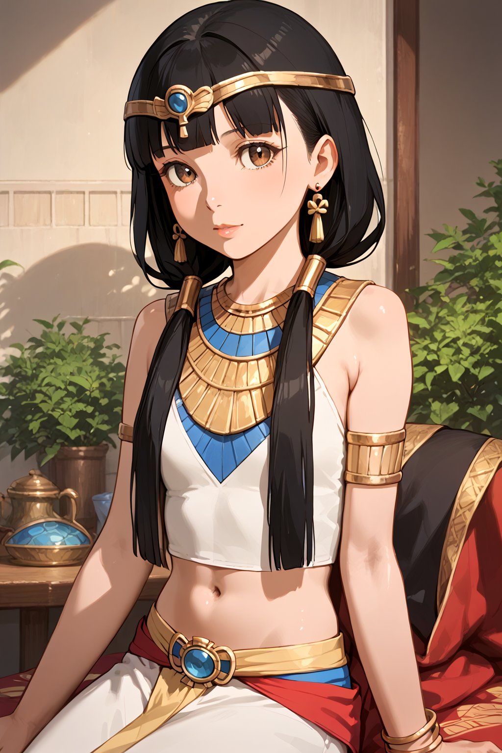 score_9, score_8_up, score_7_up, source_anime, masterpiece, best quality, 32K Ultra HD anime, ultra high resolution, minamoto shizuka, black hair, low twintails, 1girl, solo, jewelry, black hair, long hair, earrings, sitting, midriff, bracelet, realistic, egyptian clothes, armlet, lips, circlet,