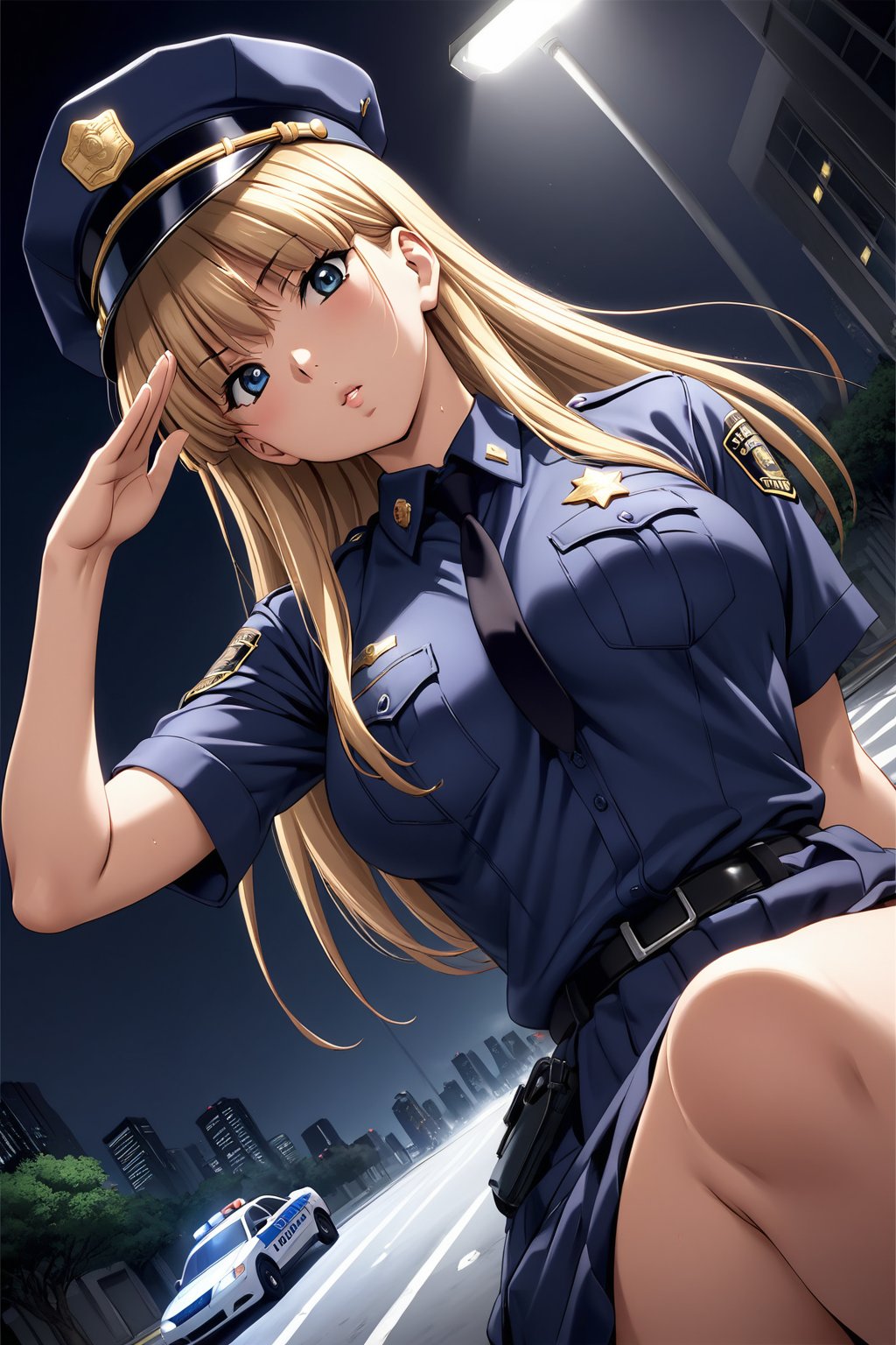 high detailed,very aesthetic, kanzaki asuka, 1girl, blonde hair, blue eyes,  A police officer, standing under a dim streetlight, modern skyscrapers background, wearing dark blue uniform, take a selfies, police cap, salute, a shadowy corner, light rain falls, mysterious atmosphere, police car, flashing lights, mist, Cinematic, dramatic lighting, high contrast, wide angle,