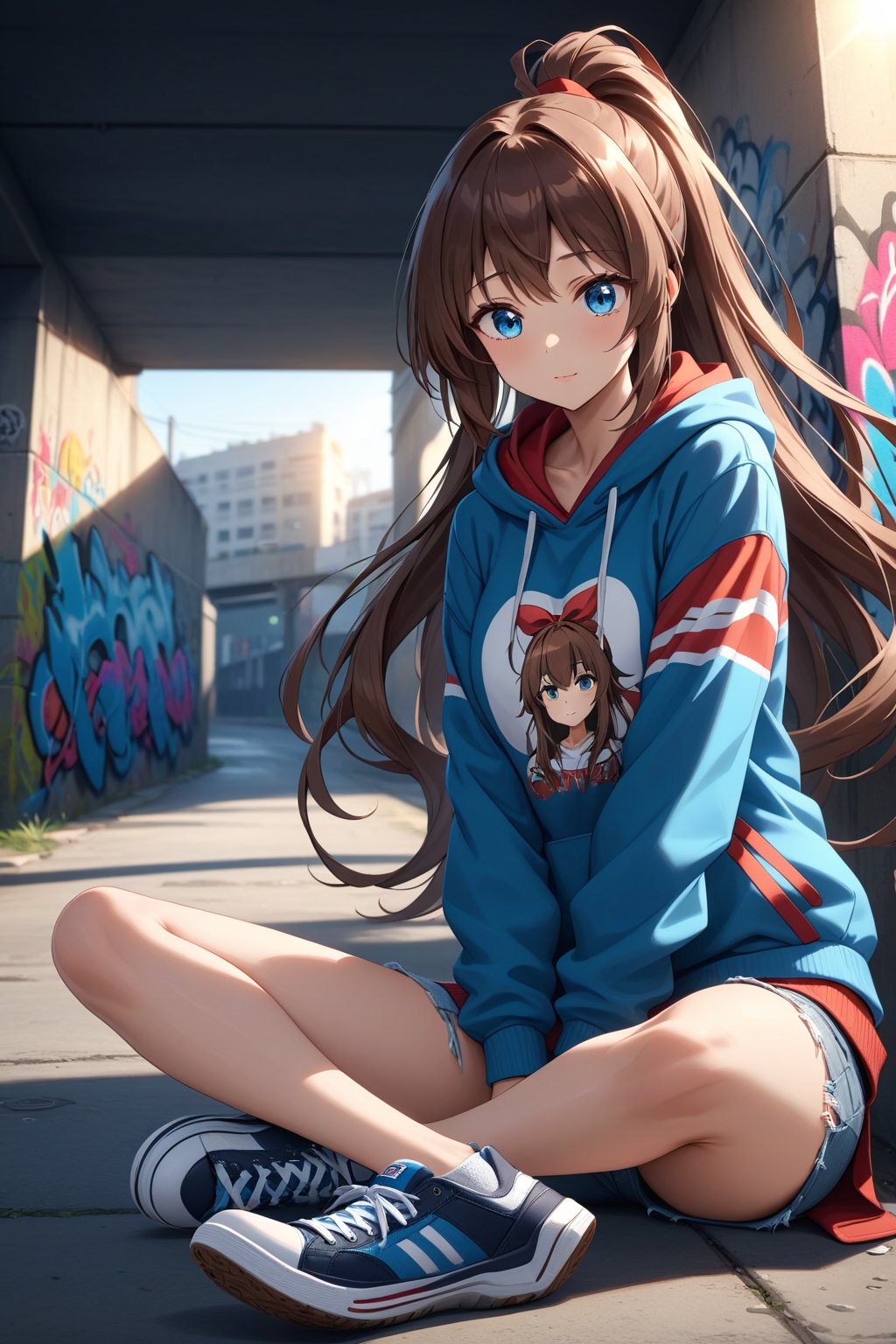 high detailed,very aesthetic,cowboy shot,high detailed,very aesthetic, kanzaki aoi, 1girl, brown hair, blue eyes, ponytail, red ribbon, long hair, detailed gorgeous eyes, perfect face, detailed face, street-style girl, sitting, confident pose, under bridge, graffiti art, urban setting, hoodie, ripped jeans, sneakers, vibrant colors, expressive graffiti, shadows, natural lighting, BREAK, relaxed expression, hands in pockets, cool demeanor, wind-blown hair, cinematic, dusk, from_below,
