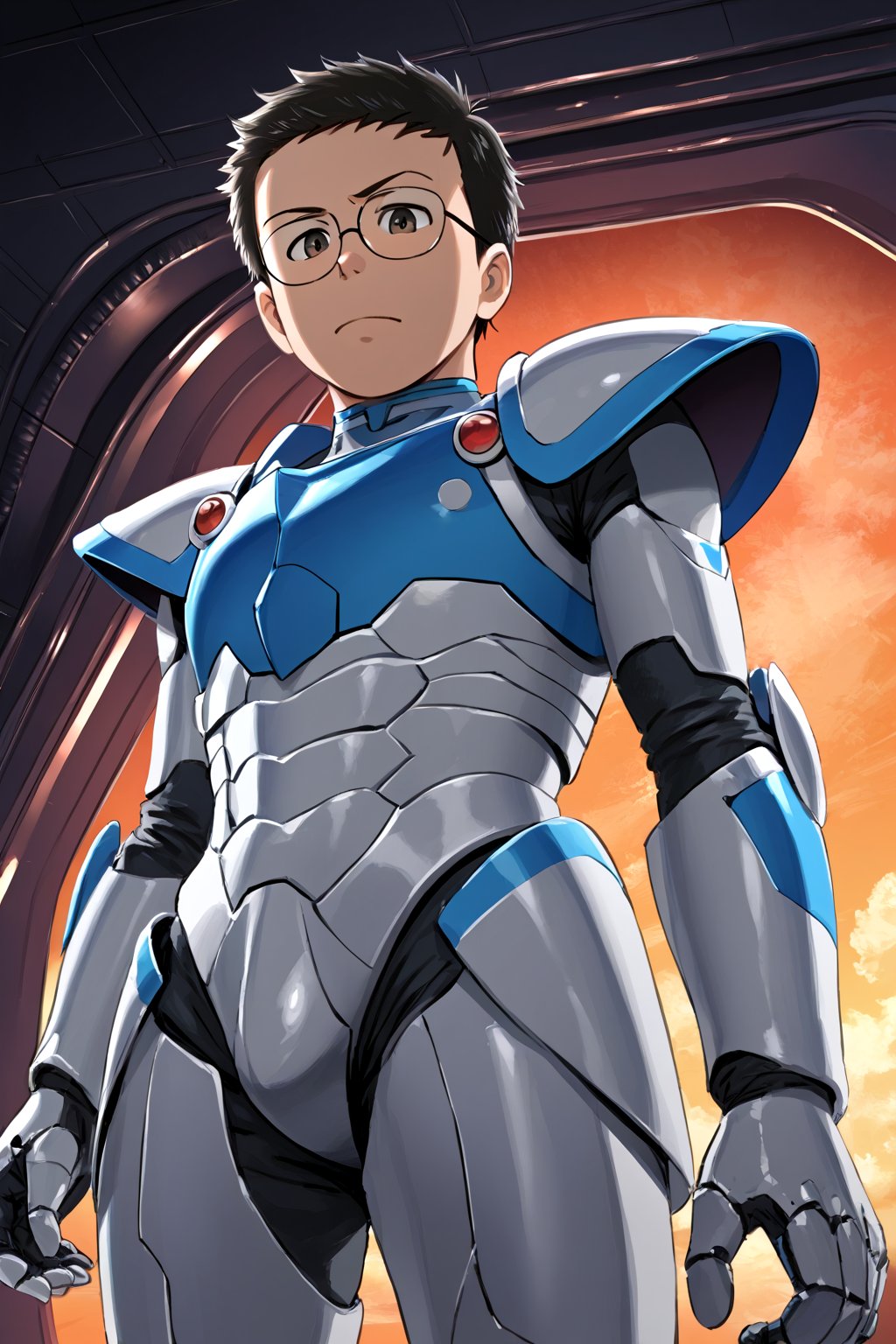 nobi nobita, glasses, 1boy, futuristic male warrior, armored outfit standing confidently, pensive, fit, Perspective, in space ship, front view, masterpiece, hyper realistic,
