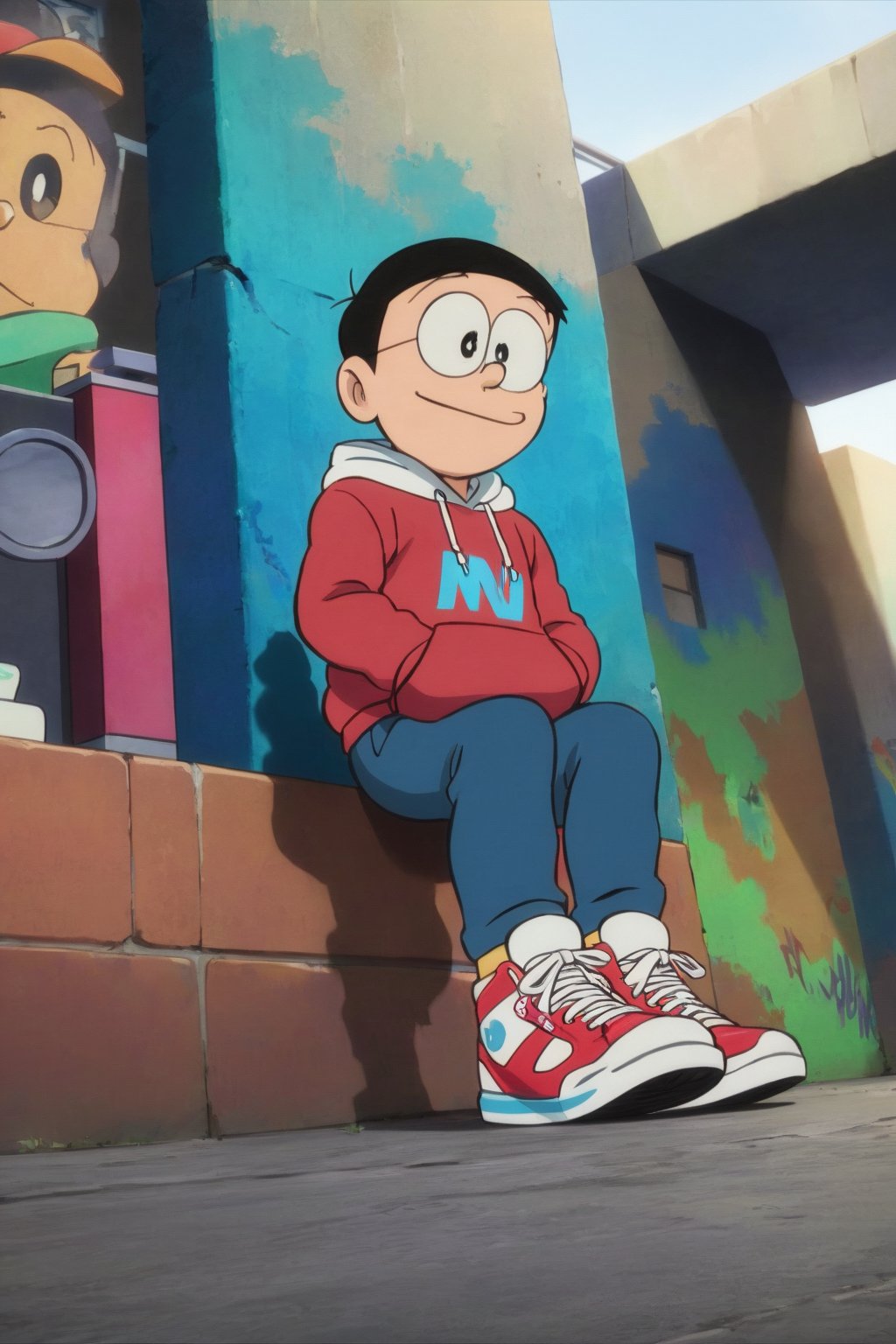 high detailed,very aestheticnobi nobita, 1boy, glasses, smile, detailed gorgeous eyes, perfect face, detailed face, street-style boy, sitting, confident pose, under bridge, graffiti art, urban setting, hoodie, ripped jeans, sneakers, vibrant colors, expressive graffiti, shadows, natural lighting, BREAK, relaxed expression, hands in pockets, cool demeanor, wind-blown hair, cinematic, dusk, from_below,