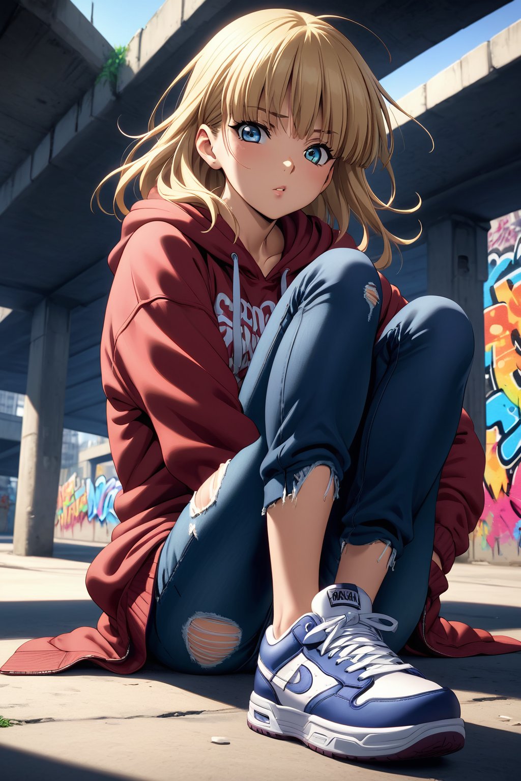 high detailed,very aesthetic, kanzaki asuka, 1girl, blonde hair, blue eyes, detailed gorgeous eyes, perfect face, detailed face, street-style girl, sitting, confident pose, under bridge, graffiti art, urban setting, hoodie, ripped jeans, sneakers, vibrant colors, expressive graffiti, shadows, natural lighting, BREAK, relaxed expression, hands in pockets, cool demeanor, wind-blown hair, cinematic, dusk, from_below,