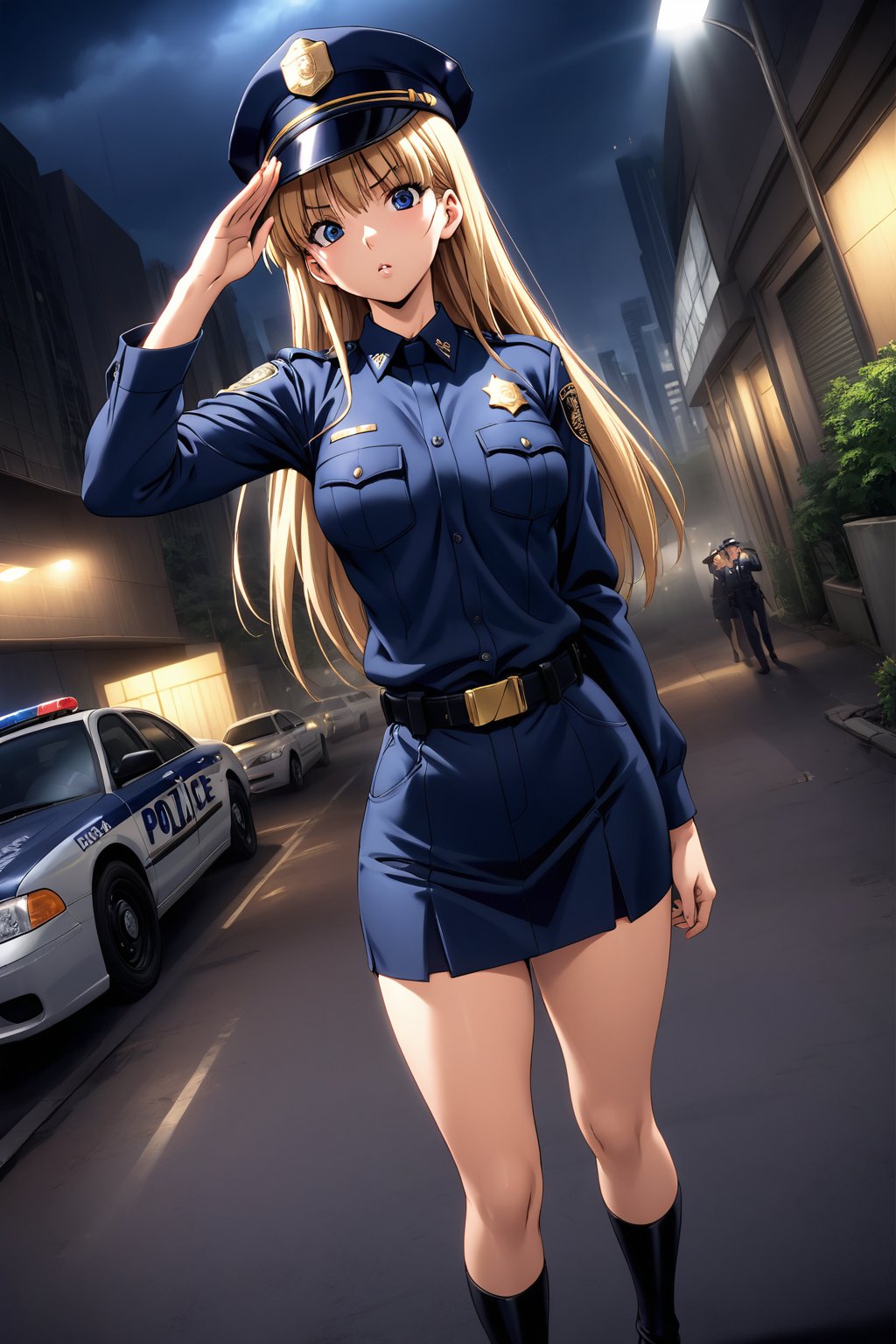 high detailed,very aesthetic, kanzaki asuka, 1girl, blonde hair, blue eyes,  A police officer, standing under a dim streetlight, modern skyscrapers background, wearing dark blue uniform, take a selfies, police cap, salute, a shadowy corner, light rain falls, mysterious atmosphere, police car, flashing lights, mist, Cinematic, dramatic lighting, high contrast, wide angle,