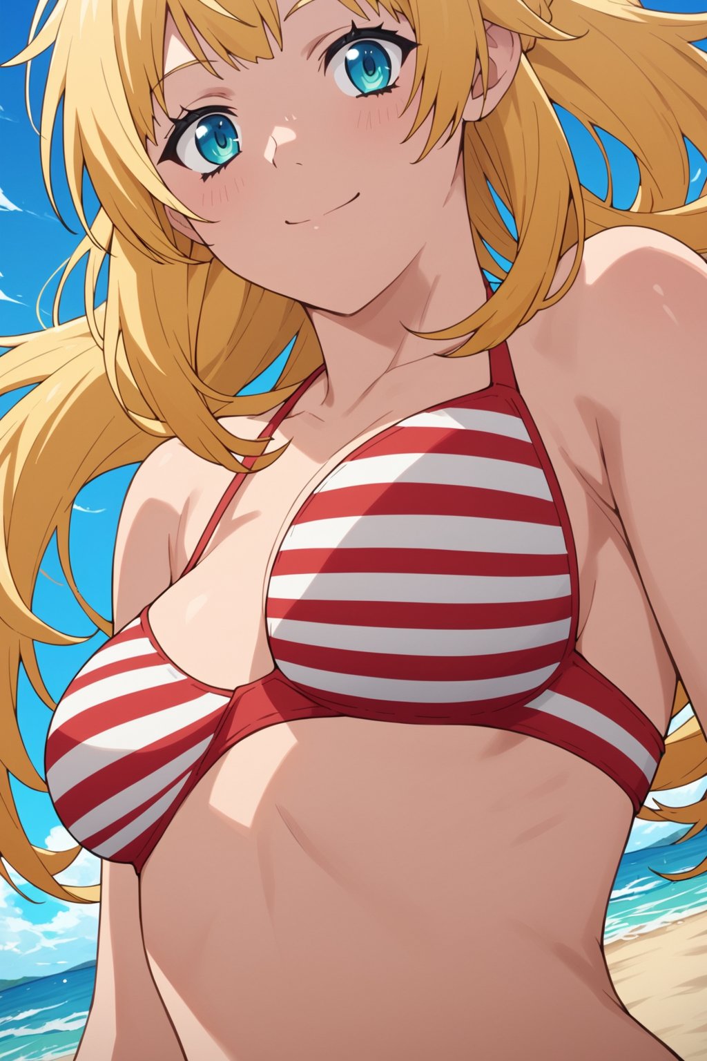 score_9, score_8_up, score_7_up, score_6_up, score_5_up, score_4_up, source_anime, ritto, single hair bun, anime coloring,waves, beach, blue sky, (clouds:0.8), solo, smile, red bikini, striped bikini, flat illustration, close-up, dynamic pose angle, masterpiece, best-quality, highest-definition, ultra-detailed, high-resolution, intricate,