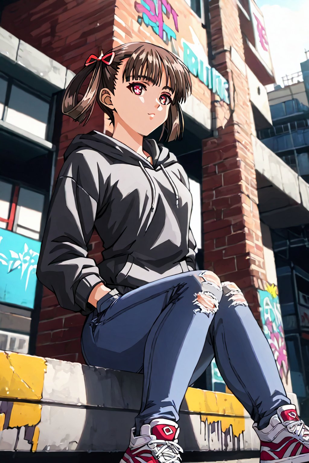 score_9, score_8_up, score_7_up, score_6_up, score_5_up, score_4_up, source_anime, high detailed,very aesthetic, soratani natsuki, hair rings, short hair, twintails,detailed gorgeous eyes, perfect face, detailed face, street-style girl, sitting, confident pose, under bridge, graffiti art, urban setting, hoodie, ripped jeans, sneakers, vibrant colors, expressive graffiti, shadows, natural lighting, BREAK, relaxed expression, hands in pockets, cool demeanor, wind-blown hair, cinematic, dusk, from_below,