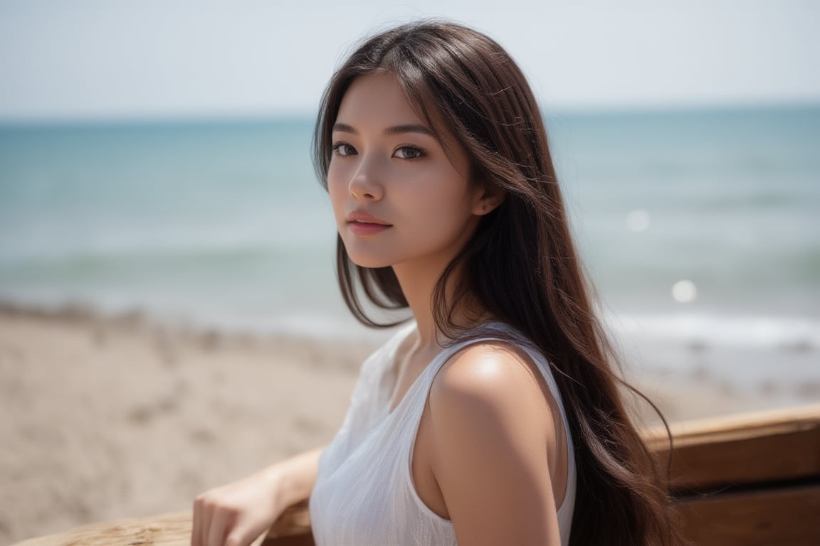 A supernatural photo of a beautiful girl sitting in a wooden boat and staring at the sea.  The girl is about 25 years old and is from South Africa.  His body is covered with white cloth.  He has black and straight hair.  He has big eyes and long eyelashes.  He has prominent cheeks and big red lips.  The camera angle is from the front.  The photo is daytime and the weather is sunny.  High quality photo.  Completely natural hands.  Natural legs