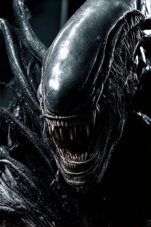 Close-up shot of a Xenomorph's face, lit by a dim, eerie glow. The creature's elongated head and razor-sharp teeth are rendered in gruesome detail. Its black, chitinous exoskeleton glistens with dew-like moisture. A hint of movement suggests the Xenomorph is about to strike. Set against a dark, industrial backdrop, the subject fills the frame, its very presence exuding malevolence.