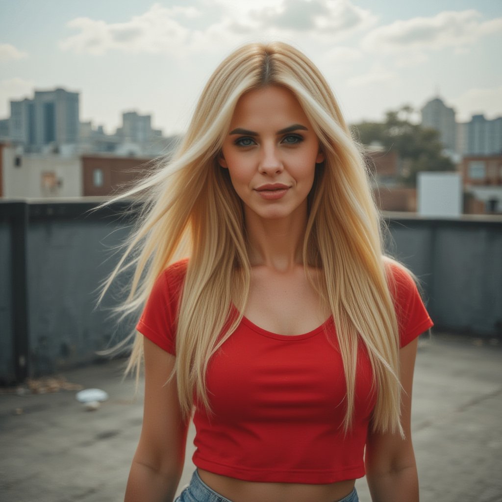 Indian lovely girls 23 year old cute girl blue eyes, beautiful nose, wweanter long blonde hair beautiful style instagram model  walking on the rooftop,red crop top and bottom jeans 