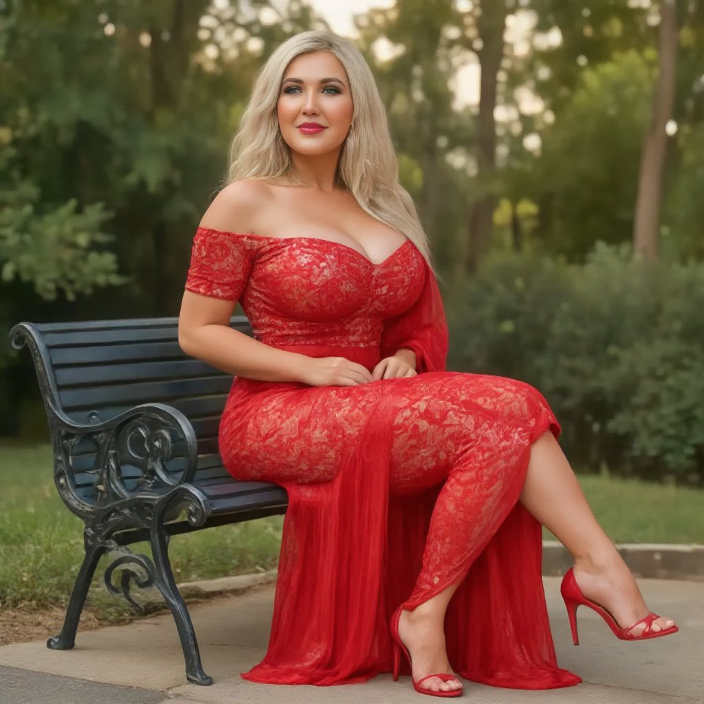 Indian girl 23 years old young Indian cute gsitting on the left on a black metal bench, park, long blonde hair, elegant red dress, red high-heeled sandals, ,